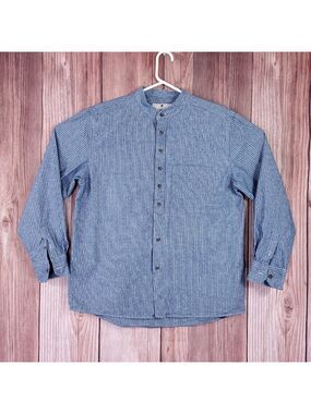Lee Valley Ireland Mens Medium Grandfather Shirt Button Up Striped Single Pocket